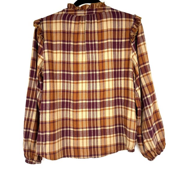 Frye Women's Ruffle Placket Flannel Plaid Top Maroon Gold Yellow Small - Picture 4 of 8